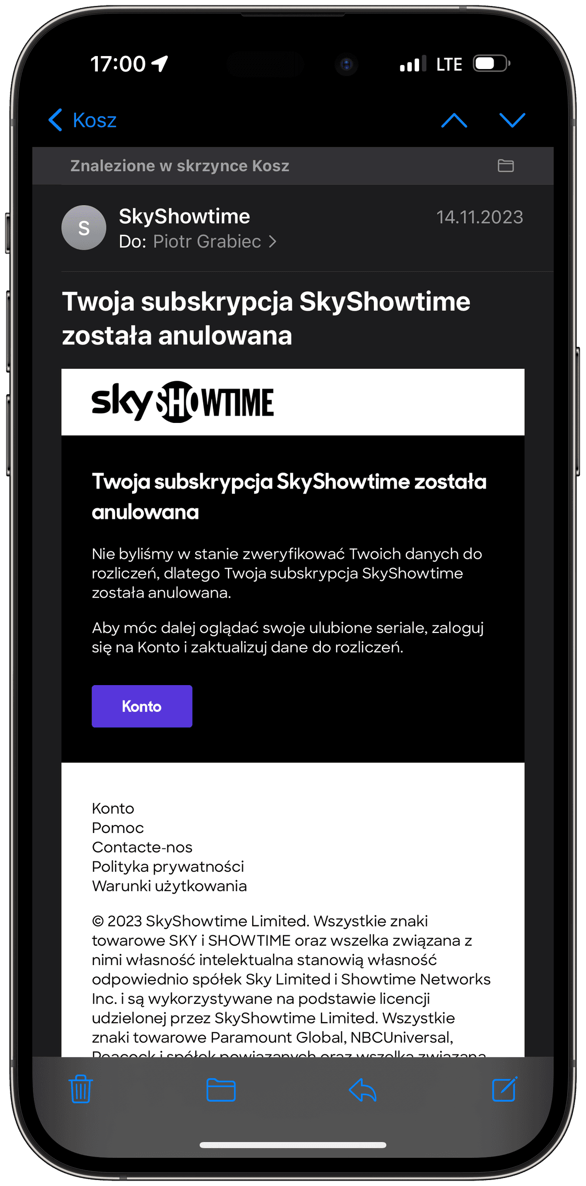 SkyShowtime anulowanie konta e-mail problem płatność PayPal 